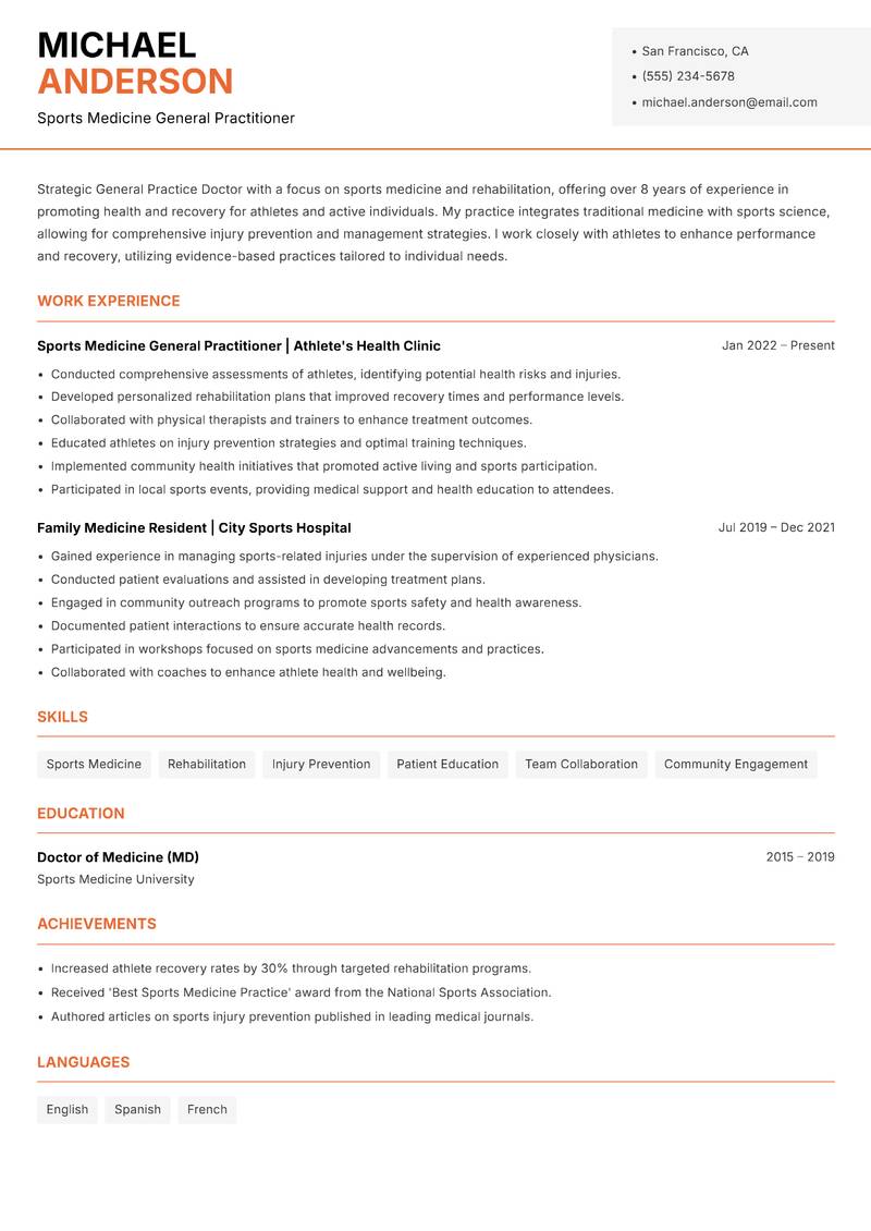 General Practice Doctor resume sample — Sports Medicine General Practitioner focus