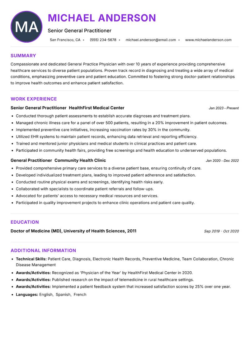 General Practice Physician resume example