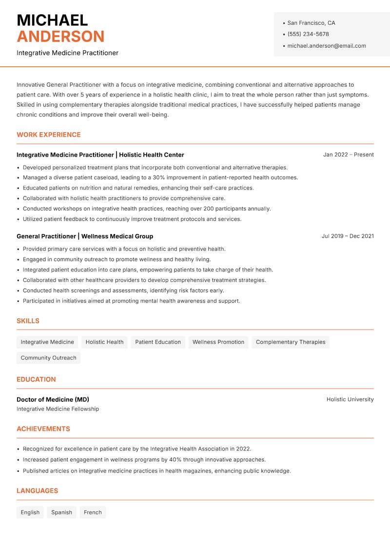 General Practitioner resume sample — Integrative Medicine Practitioner focus