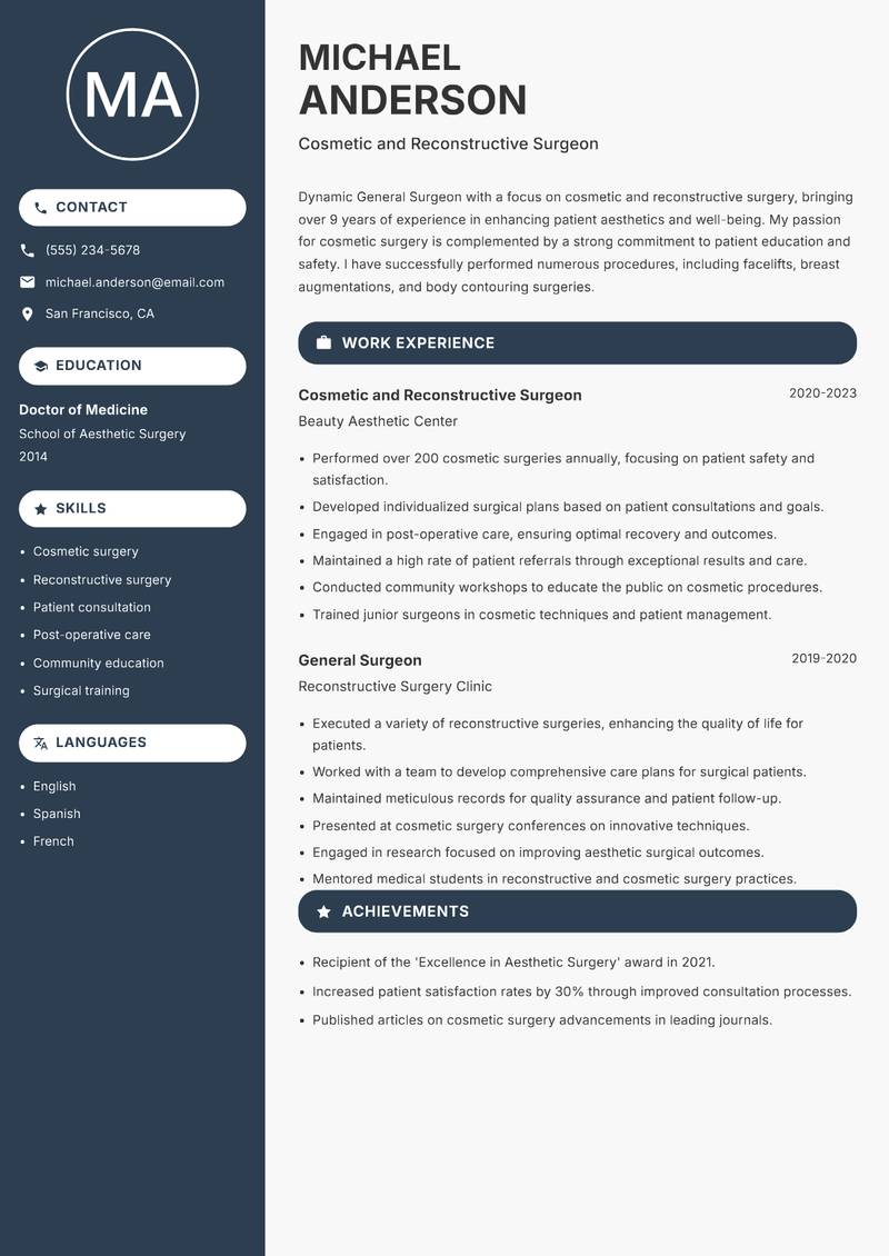 General Surgeon resume sample — Cosmetic and Reconstructive Surgeon focus