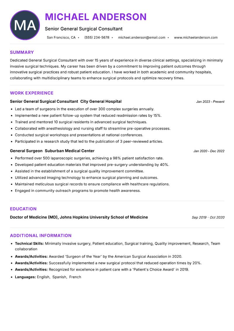 General Surgical Consultant resume example