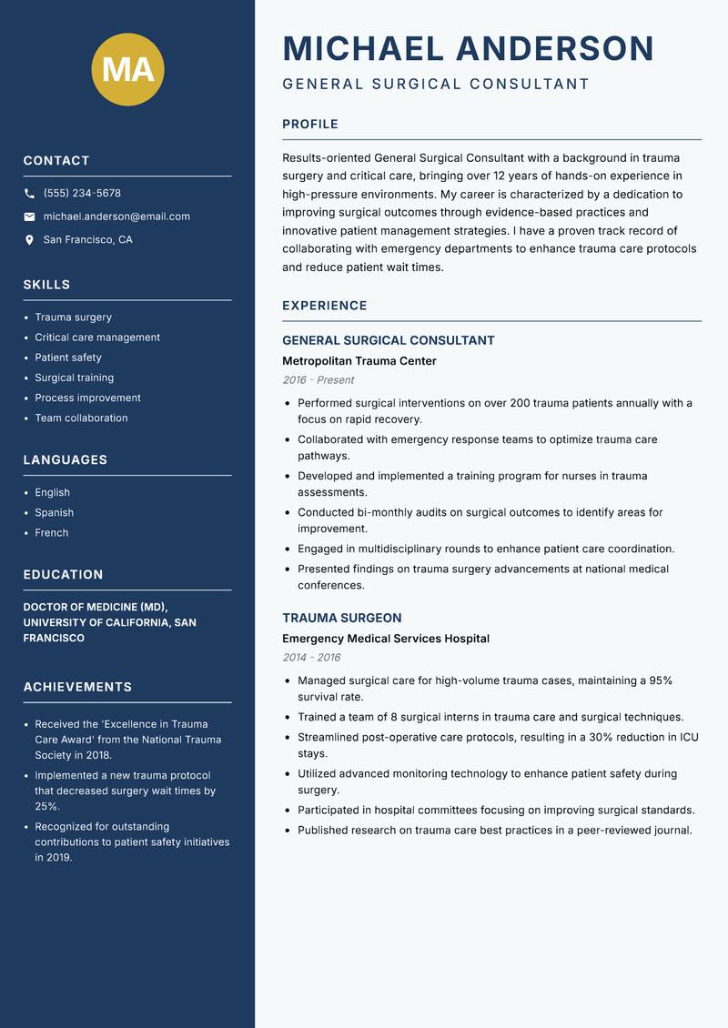 General Surgical Consultant resume sample — General Surgical Consultant focus