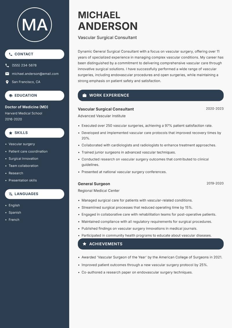 General Surgical Consultant resume sample — Vascular Surgical Consultant focus
