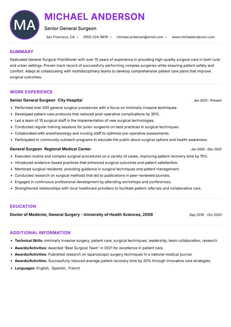 General Surgical Practitioner resume example