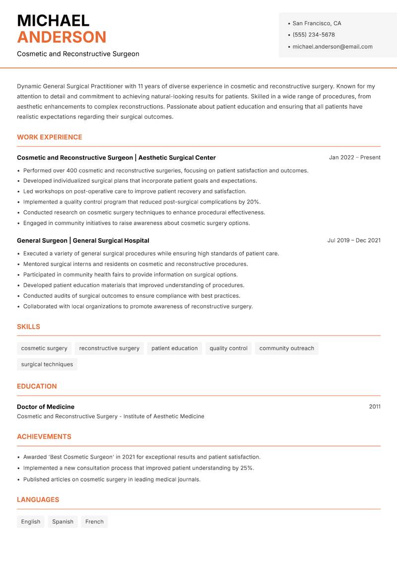 General Surgical Practitioner resume sample — Cosmetic and Reconstructive Surgeon focus