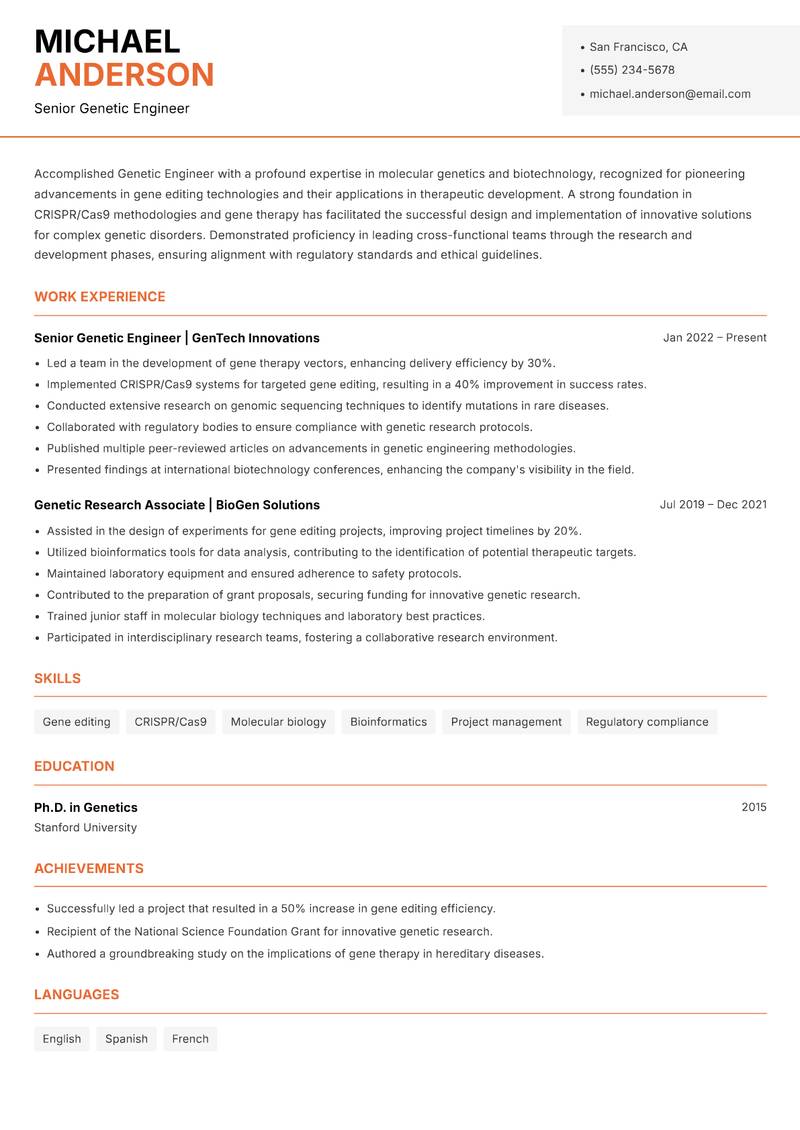 Genetic Engineer resume sample — Senior Genetic Engineer focus