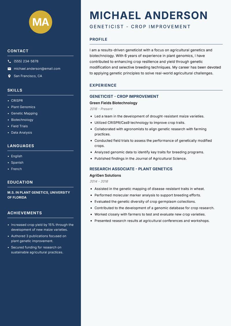 Geneticist resume sample — Geneticist - Crop Improvement focus