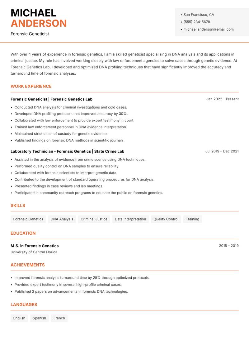 Geneticist resume sample — Forensic Geneticist focus