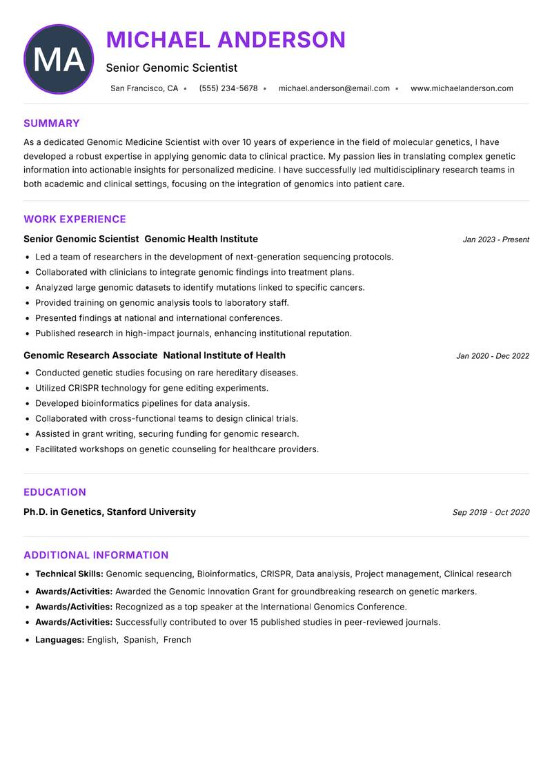 Genomic Medicine Scientist resume example