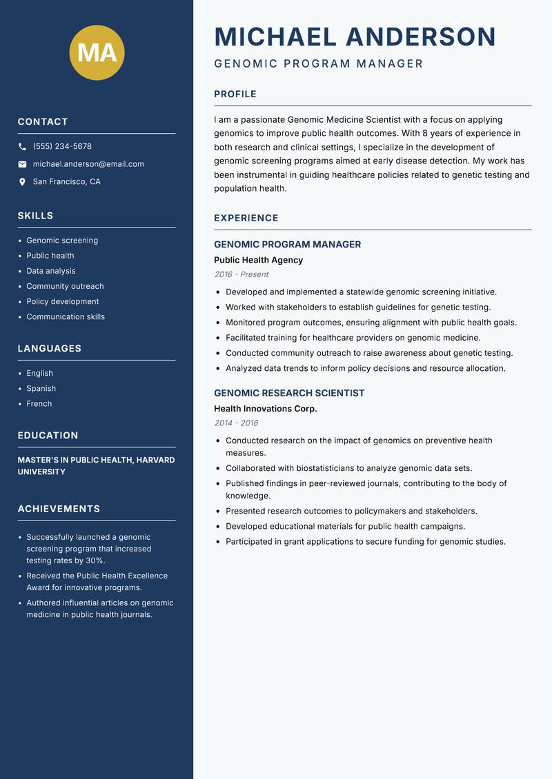 Genomic Medicine Scientist resume sample — Genomic Program Manager focus
