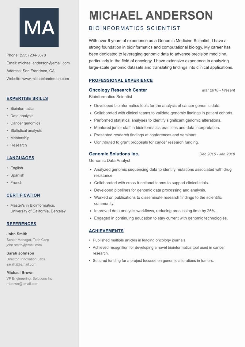 Genomic Medicine Scientist resume sample — Bioinformatics Scientist focus