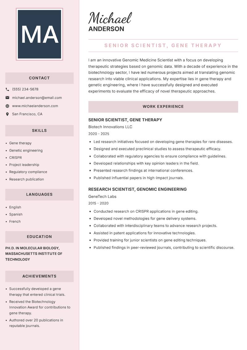 Genomic Medicine Scientist resume sample — Senior Scientist, Gene Therapy focus