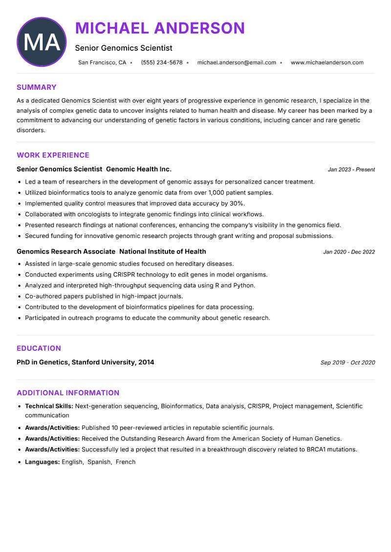 Genomics Scientist resume example