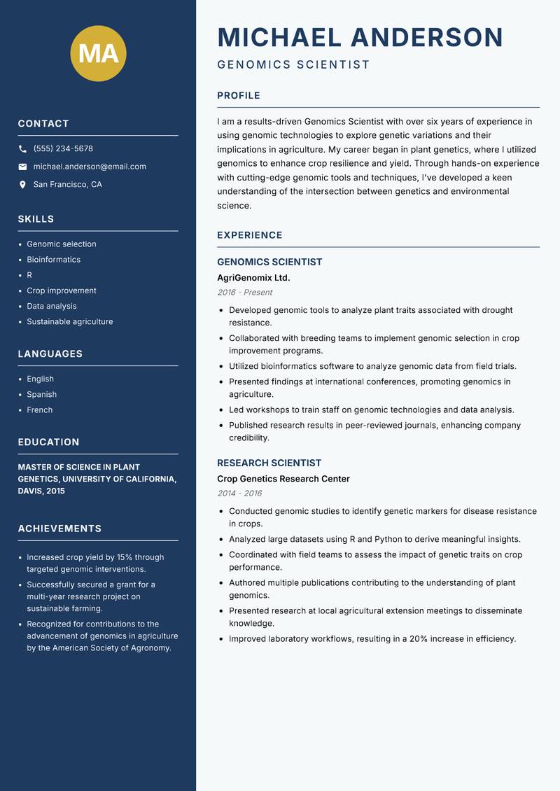 Genomics Scientist resume sample — Genomics Scientist focus