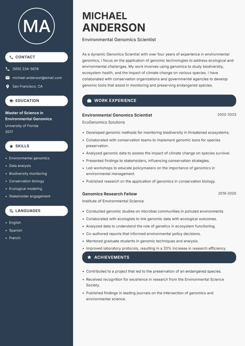 Genomics Scientist resume sample — Environmental Genomics Scientist focus