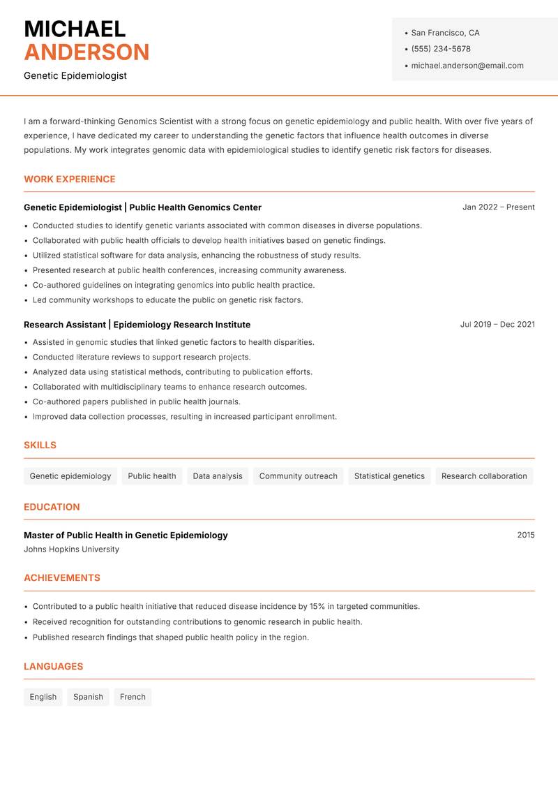 Genomics Scientist resume sample — Genetic Epidemiologist focus