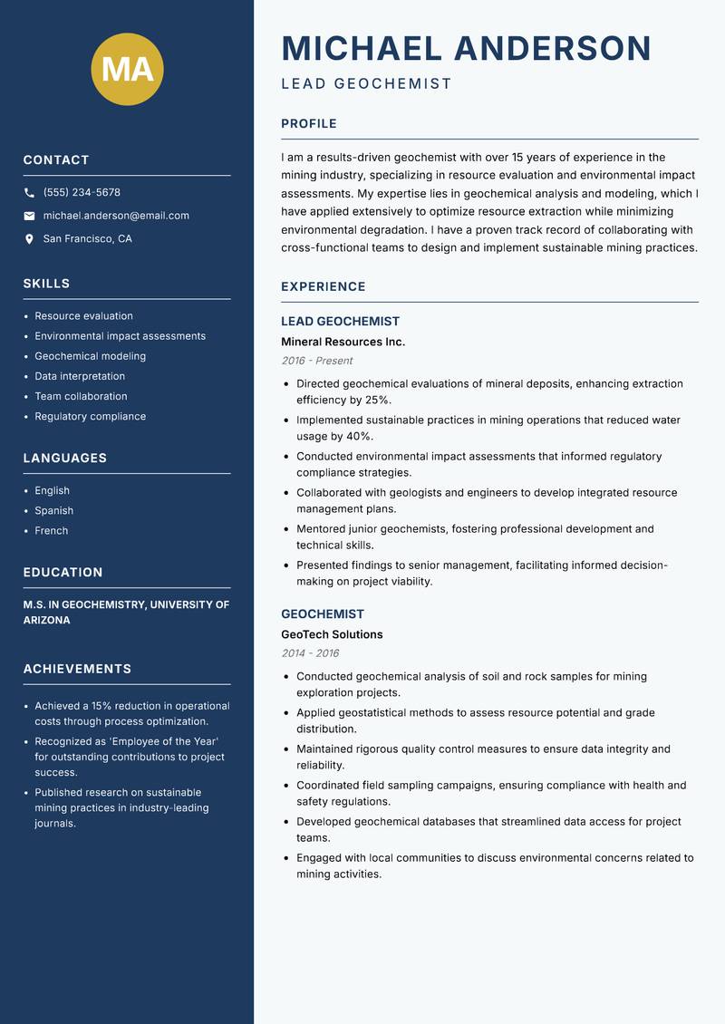 Geochemist resume sample — Lead Geochemist focus