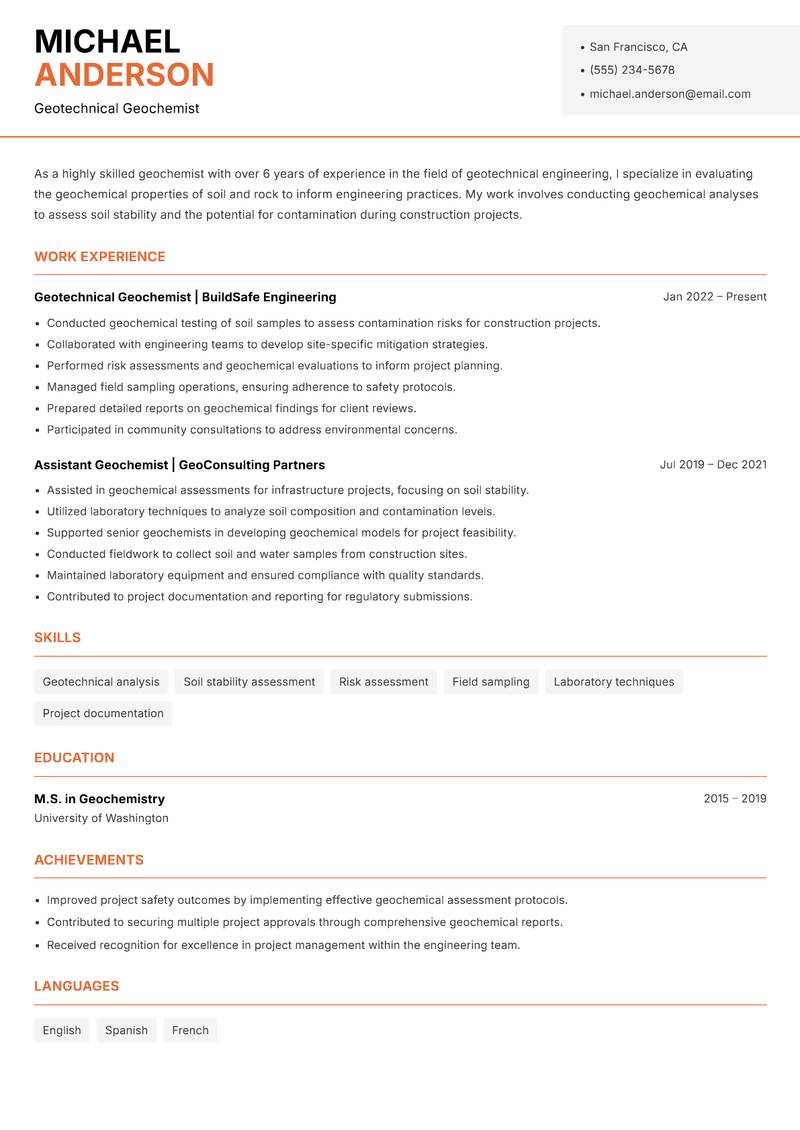 Geochemist resume sample — Geotechnical Geochemist focus