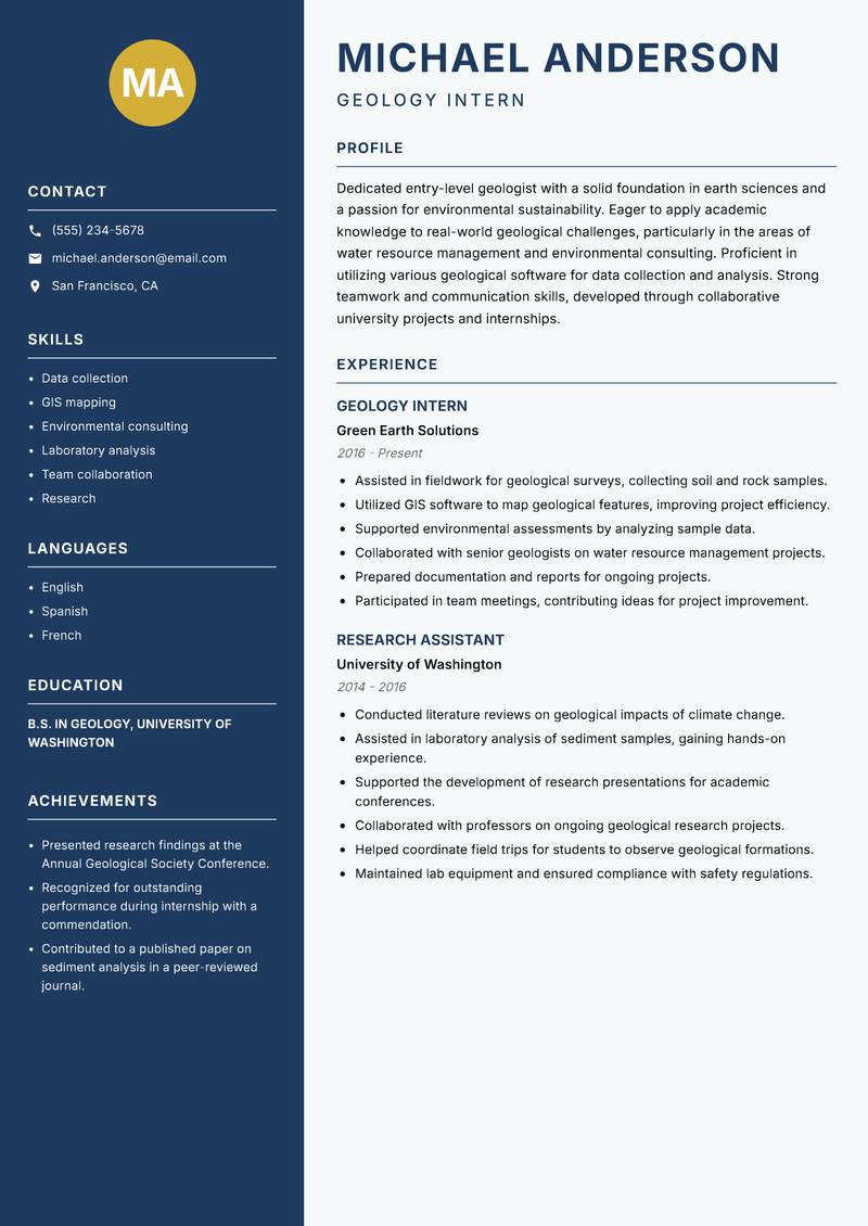 Geologist resume sample — Geology Intern focus