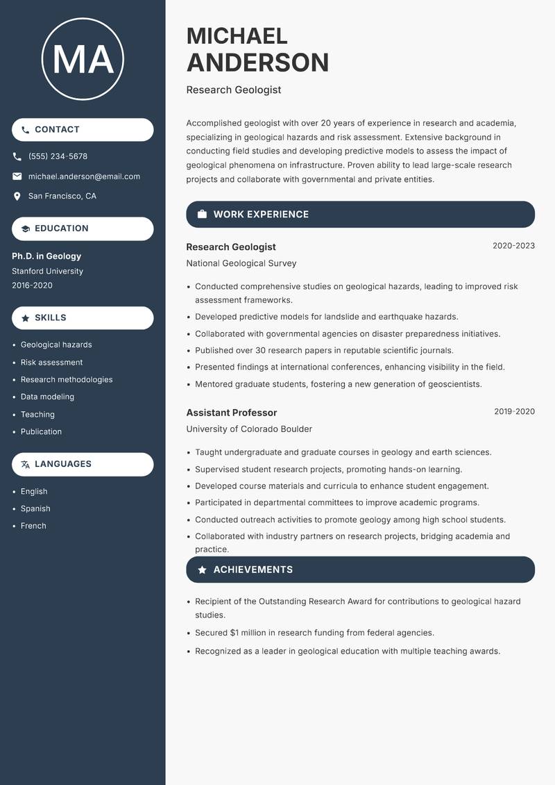 Geologist resume sample — Research Geologist focus