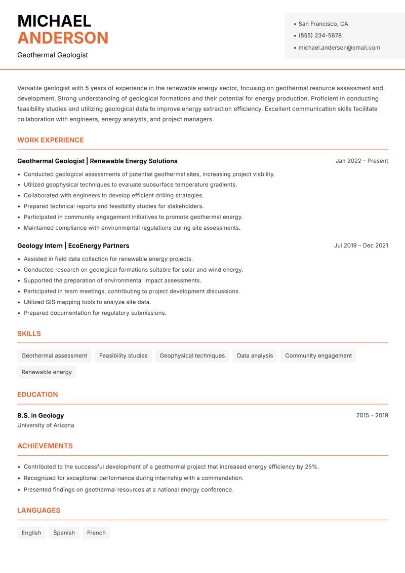 Geologist resume sample — Geothermal Geologist focus