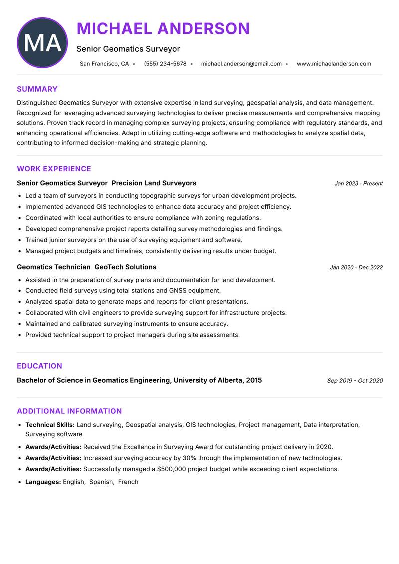 Geomatics Surveyor resume example