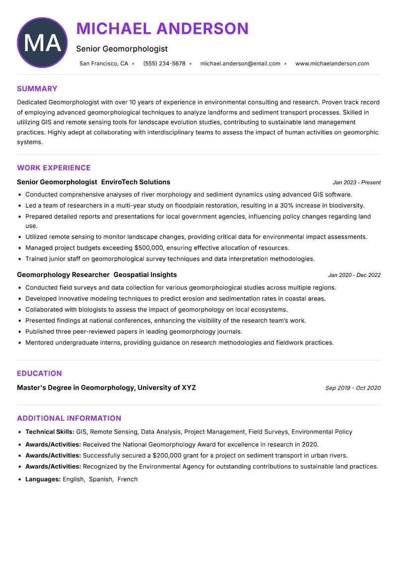 Geomorphologist resume example