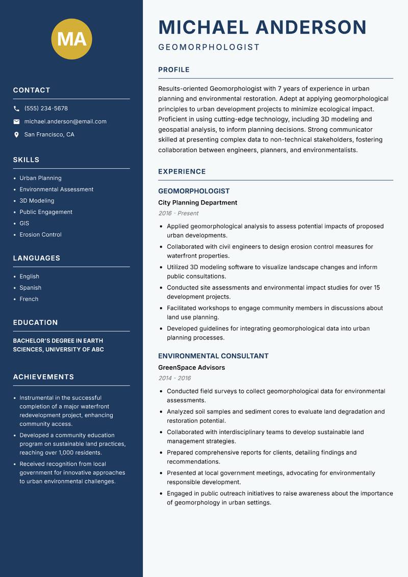 Geomorphologist resume sample — Geomorphologist focus