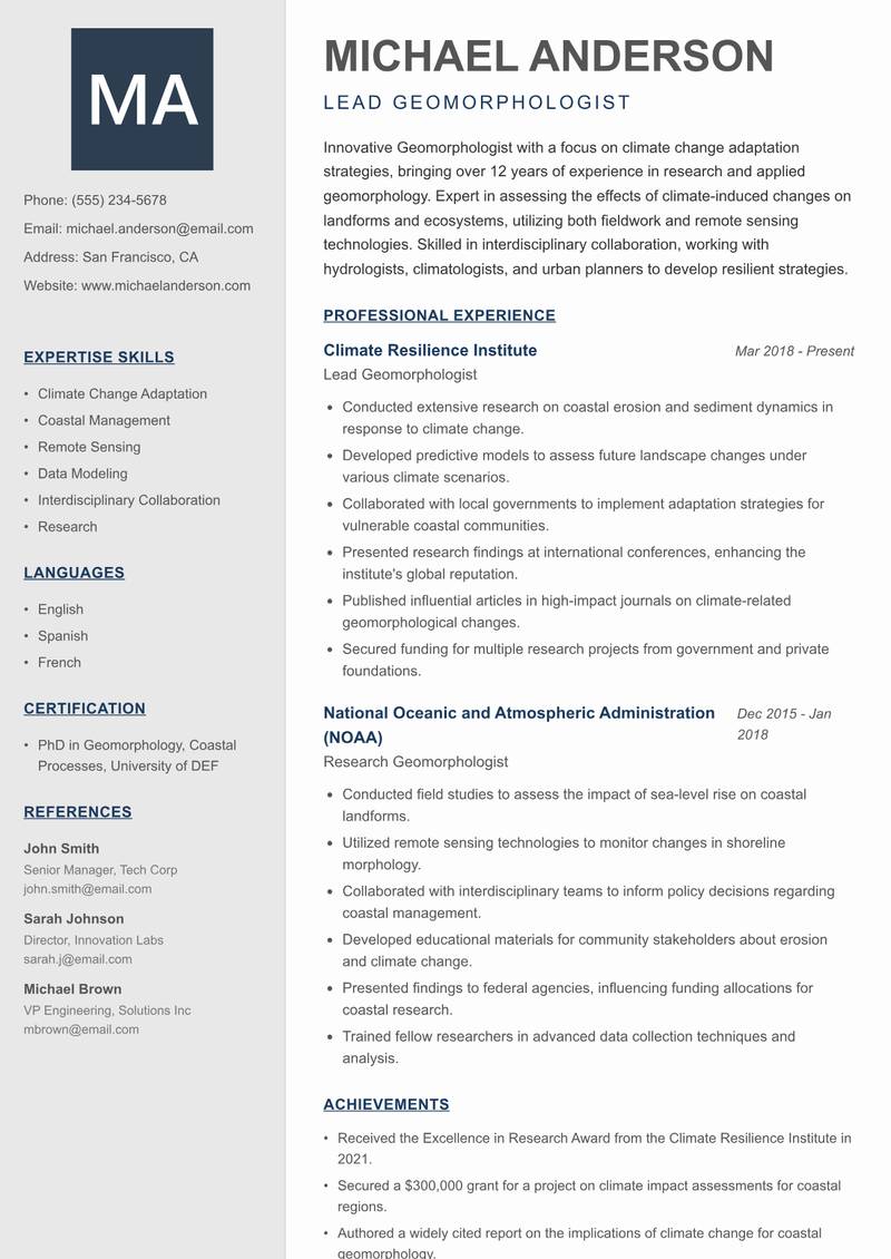 Geomorphologist resume sample — Lead Geomorphologist focus