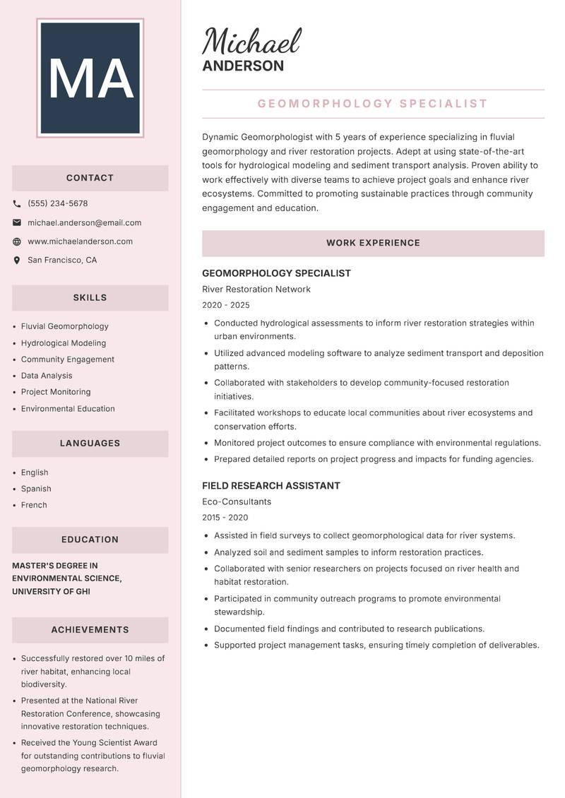 Geomorphologist resume sample — Geomorphology Specialist focus