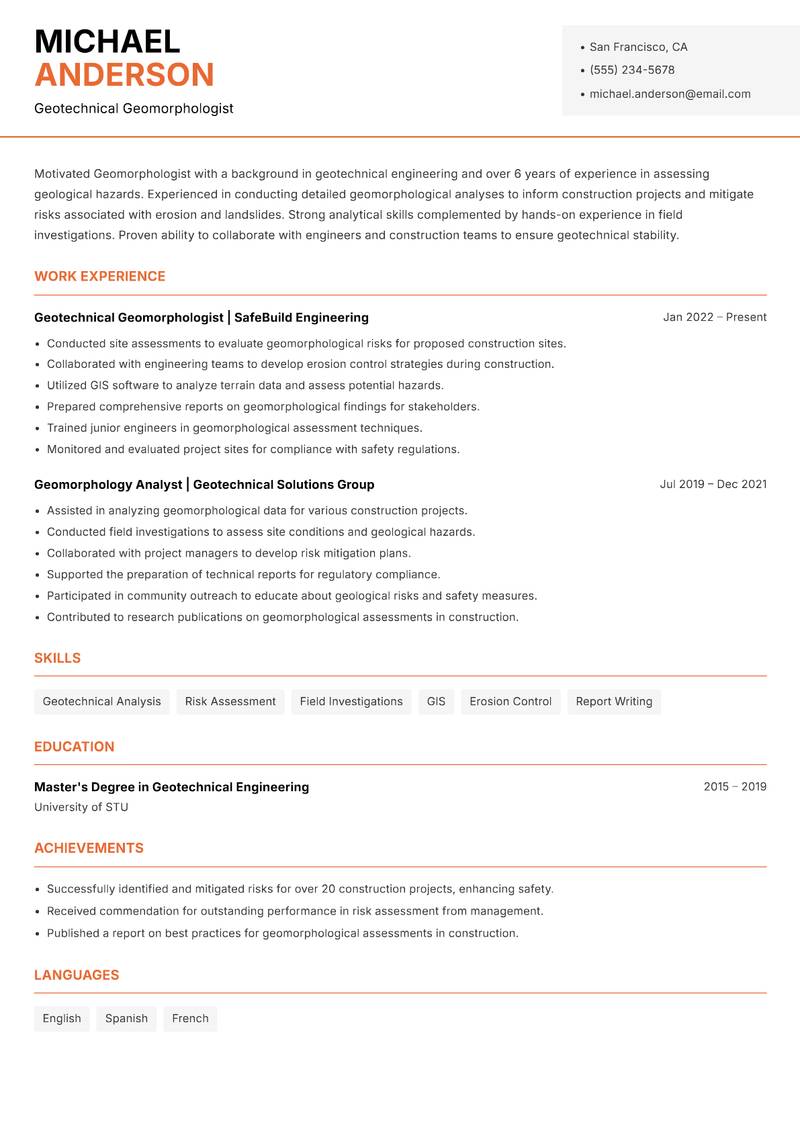Geomorphologist resume sample — Geotechnical Geomorphologist focus