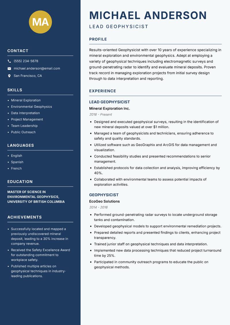 Geophysicist resume sample — Lead Geophysicist focus