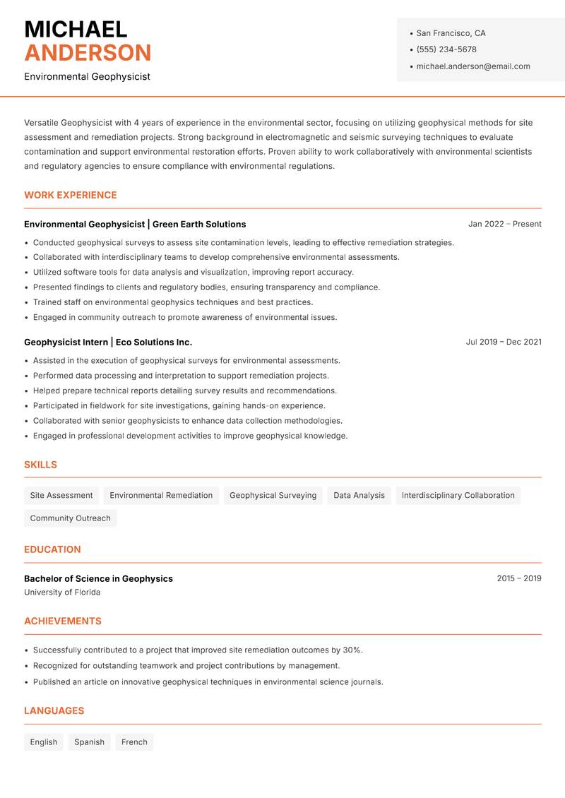 Geophysicist resume sample — Environmental Geophysicist focus