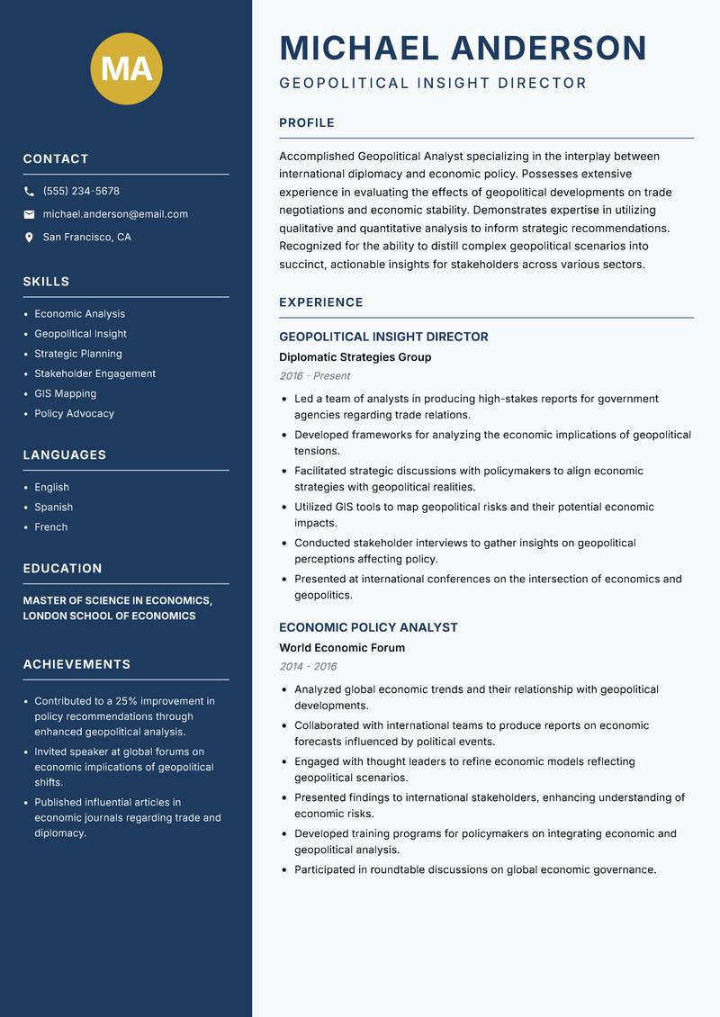 Geopolitical Analyst resume sample — Geopolitical Insight Director focus