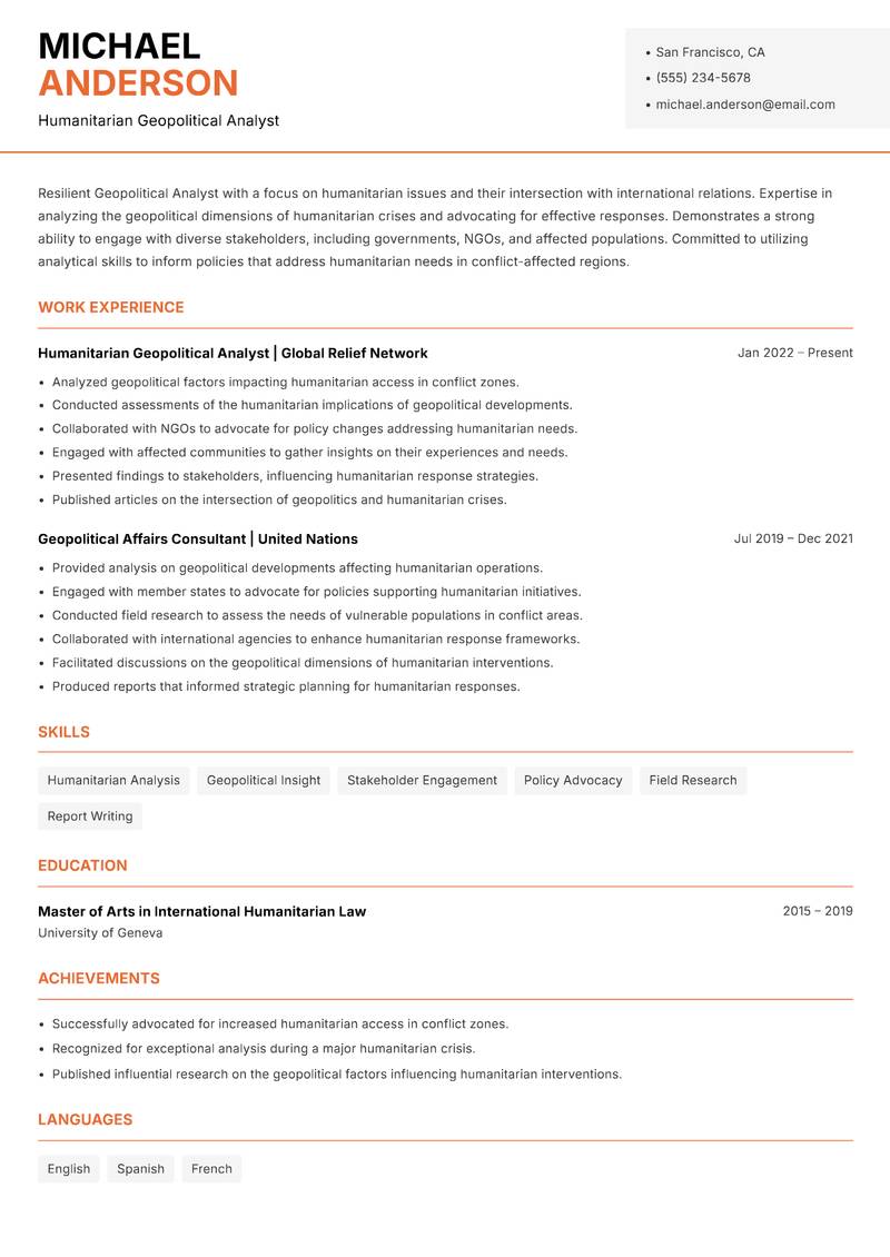 Geopolitical Analyst resume sample — Humanitarian Geopolitical Analyst focus