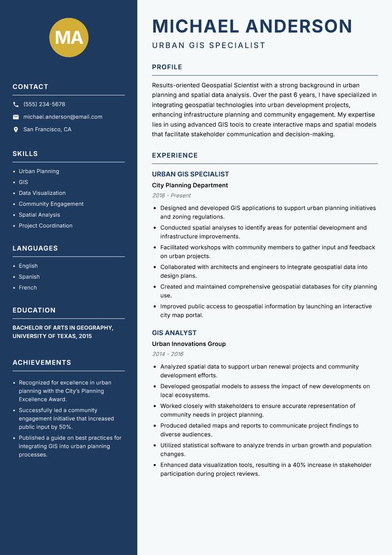 Geospatial Scientist resume sample — Urban GIS Specialist focus
