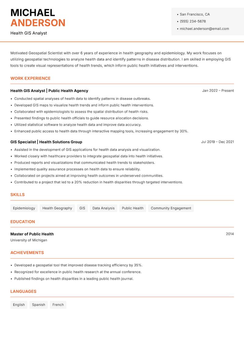 Geospatial Scientist resume sample — Health GIS Analyst focus