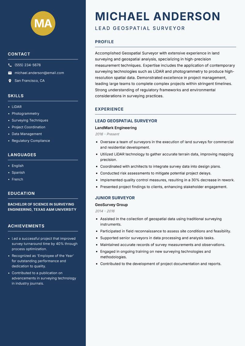 Geospatial Surveyor resume sample — Lead Geospatial Surveyor focus