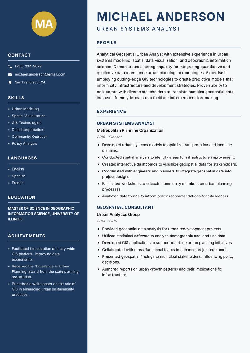 Geospatial Urban Analyst resume sample — Urban Systems Analyst focus