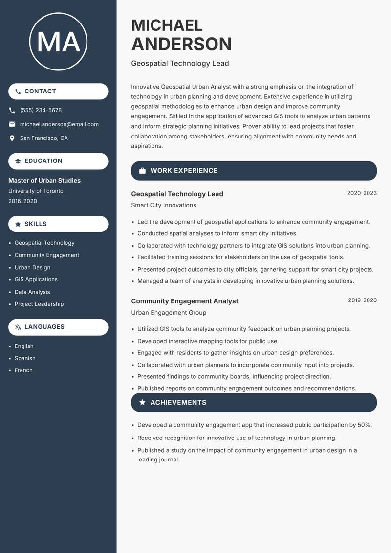 Geospatial Urban Analyst resume sample — Geospatial Technology Lead focus