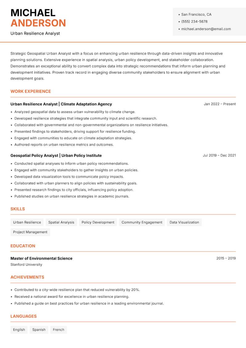 Geospatial Urban Analyst resume sample — Urban Resilience Analyst focus