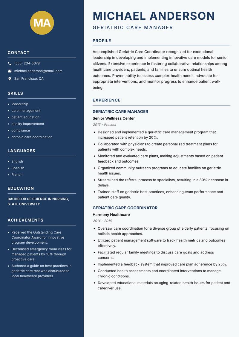 Geriatric Care Coordinator resume sample — Geriatric Care Manager focus