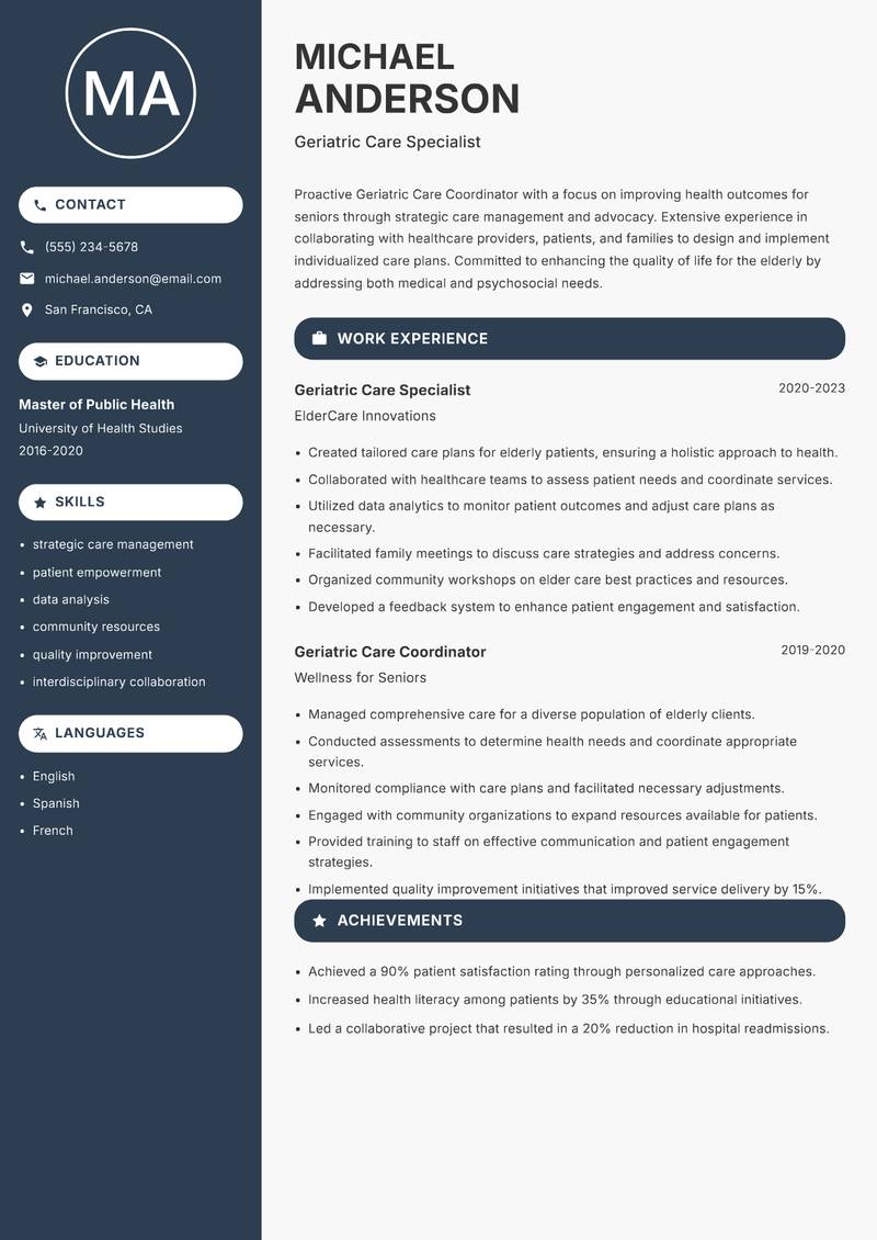Geriatric Care Coordinator resume sample — Geriatric Care Specialist focus