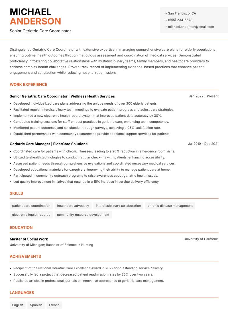 Geriatric Care Coordinator resume sample — Senior Geriatric Care Coordinator focus