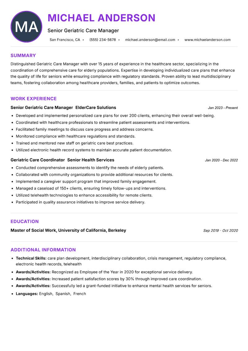 Geriatric Care Manager resume example