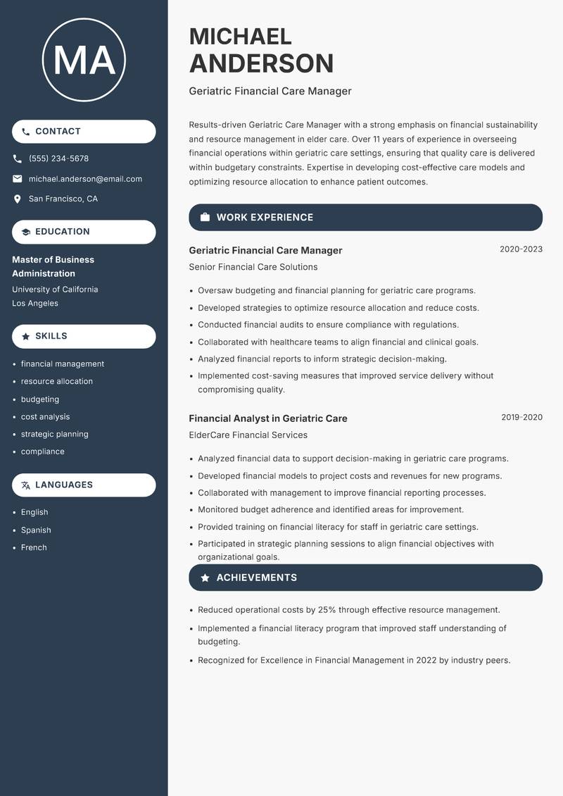 Geriatric Care Manager resume sample — Geriatric Financial Care Manager focus