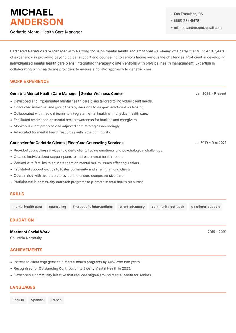Geriatric Care Manager resume sample — Geriatric Mental Health Care Manager focus