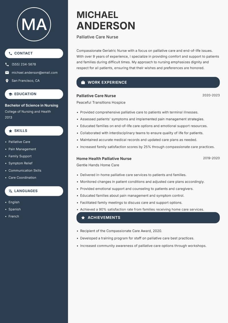 Geriatric Nurse resume sample — Palliative Care Nurse focus