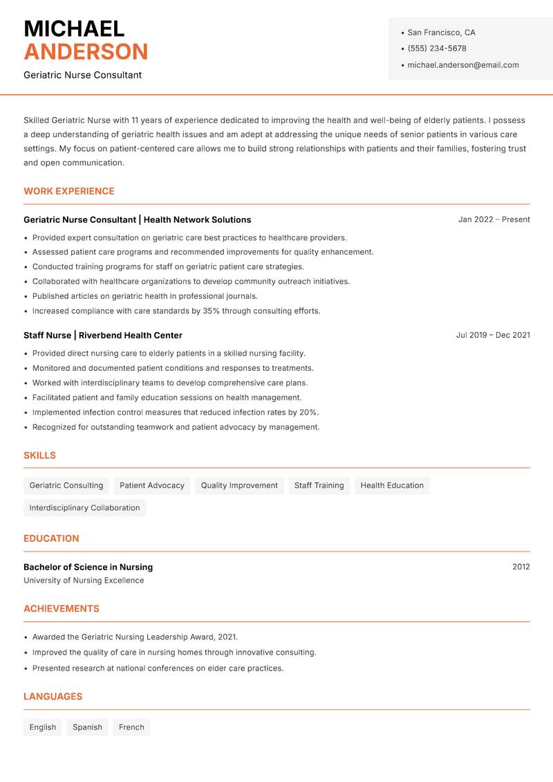 Geriatric Nurse resume sample — Geriatric Nurse Consultant focus