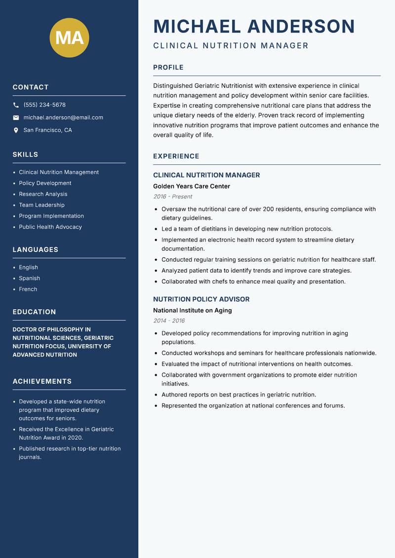 Geriatric Nutritionist resume sample — Clinical Nutrition Manager focus